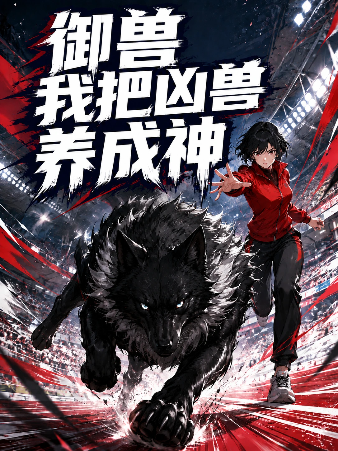 《御兽，我把凶兽养成神》定版封面，红衣少女与黑狼奔向竞技场
