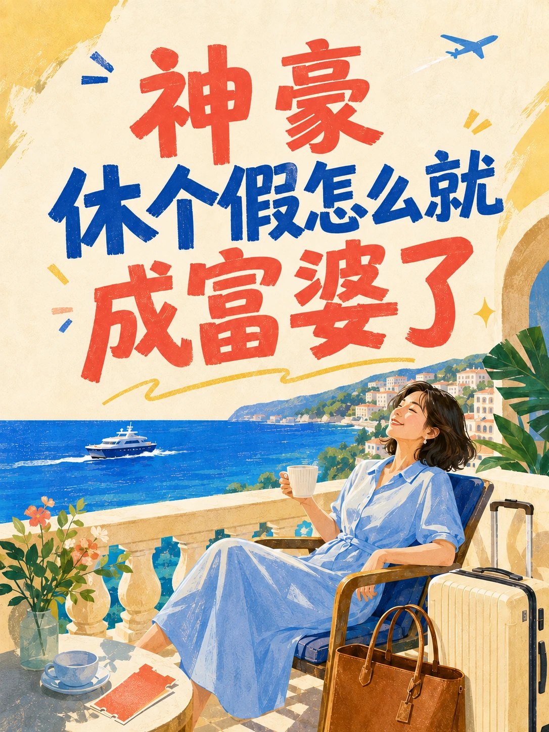 《神豪，休个假怎么就成富婆了》定版封面，女子在海边露台享受假期的旅行插画