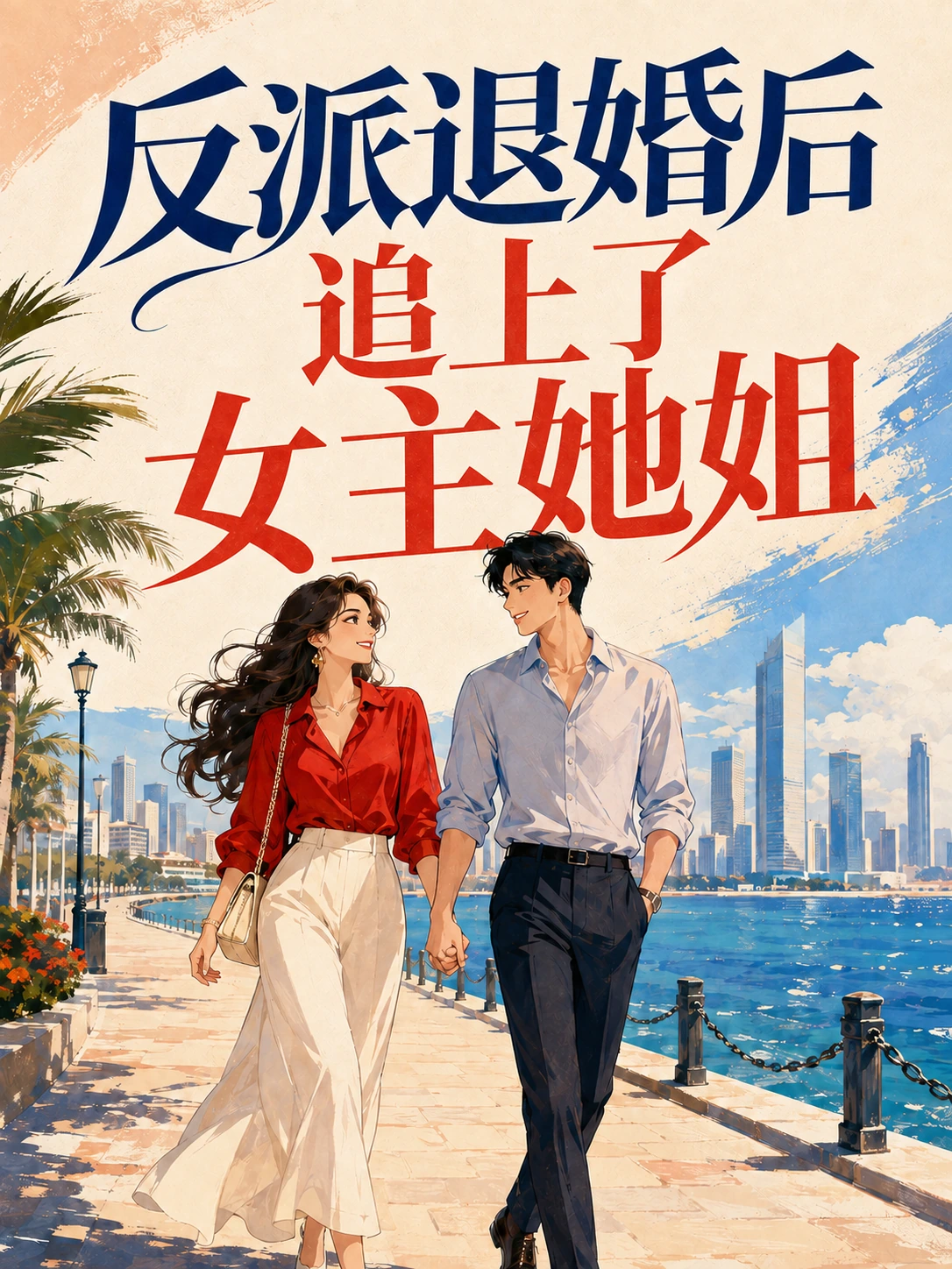 《反派退婚后，追上了女主她姐》定版封面，男女主在海滨牵手同行